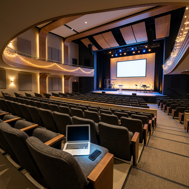 Empty auditorium with stage, screen, musical instruments, laptop, and phone