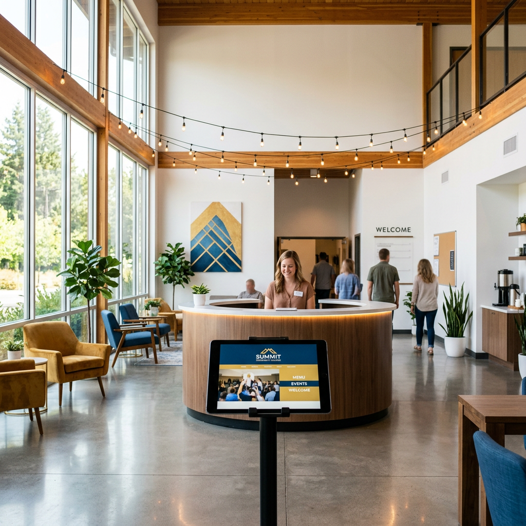 Modern reception lobby with staffed desk, check-in kiosk, and welcome sign