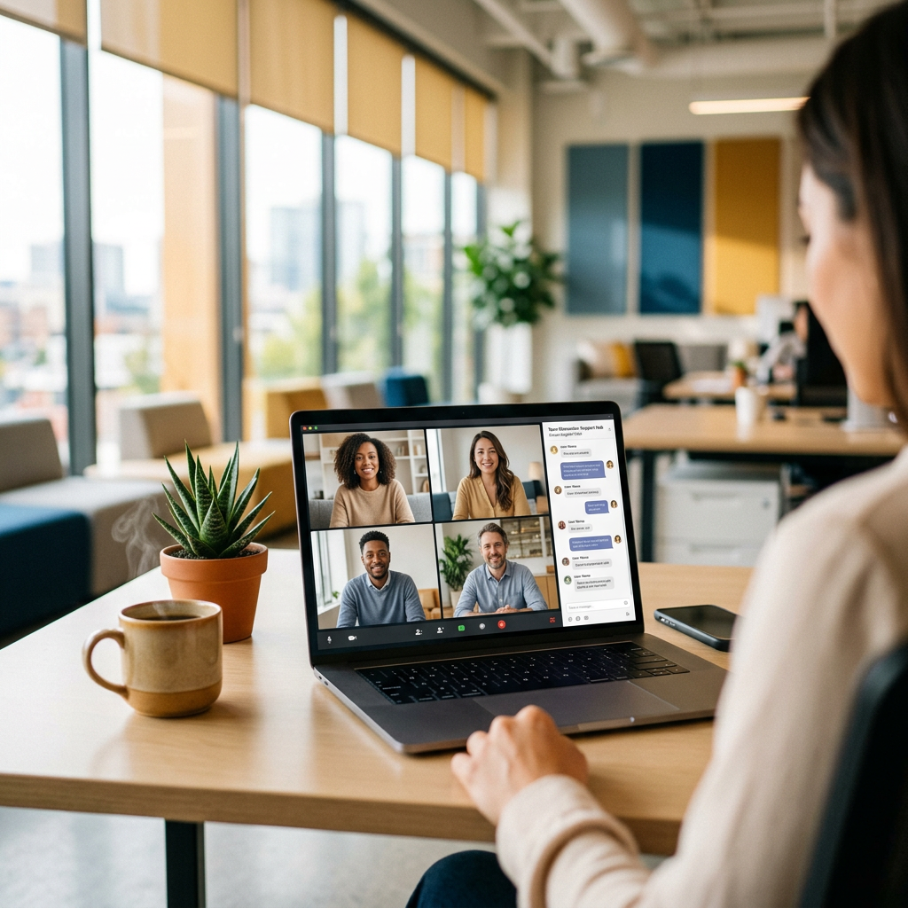 Person attending a four-person video conference on a laptop